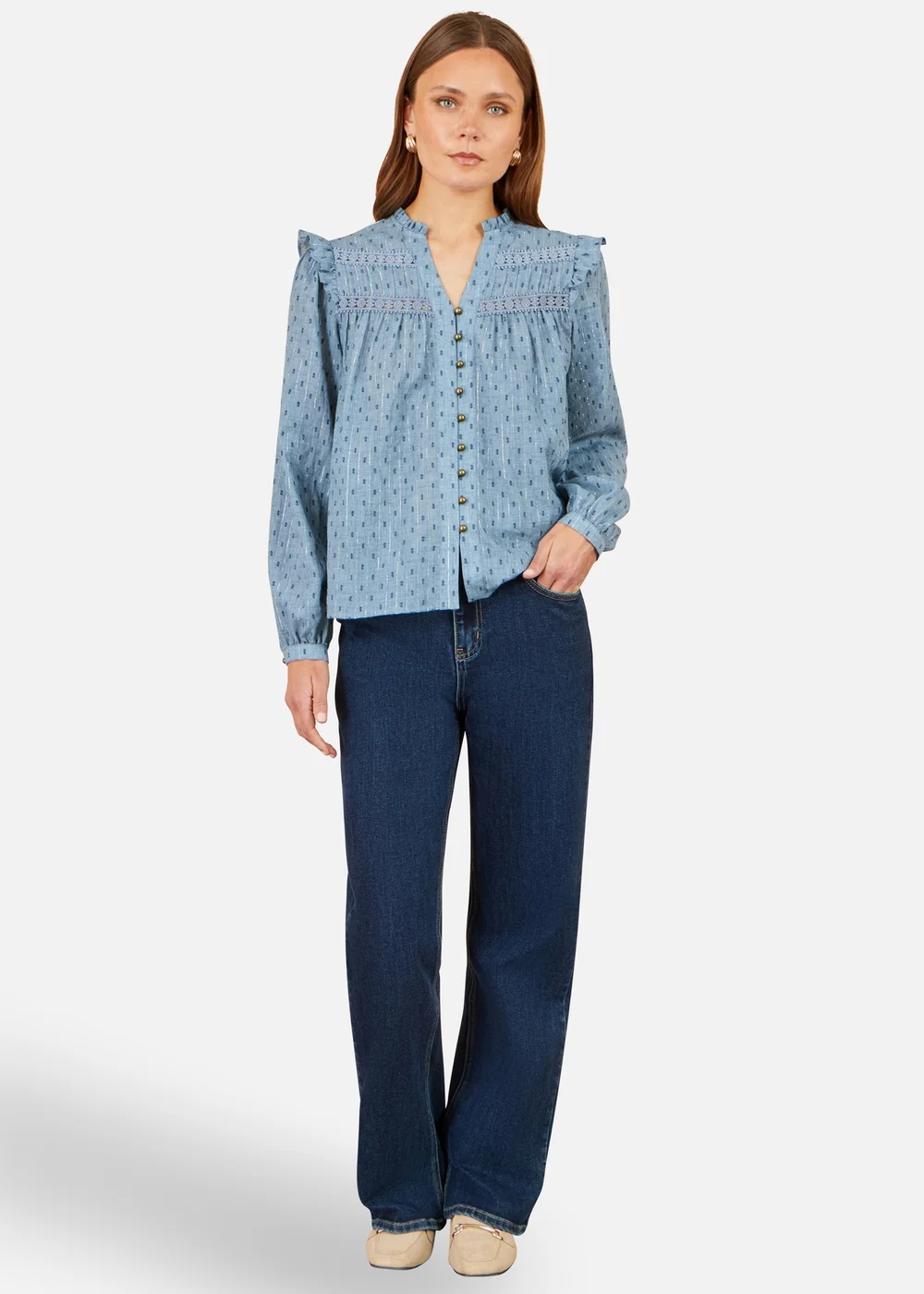 Yumi Blue Cotton Lace Detail Shirt - 16 Image 2