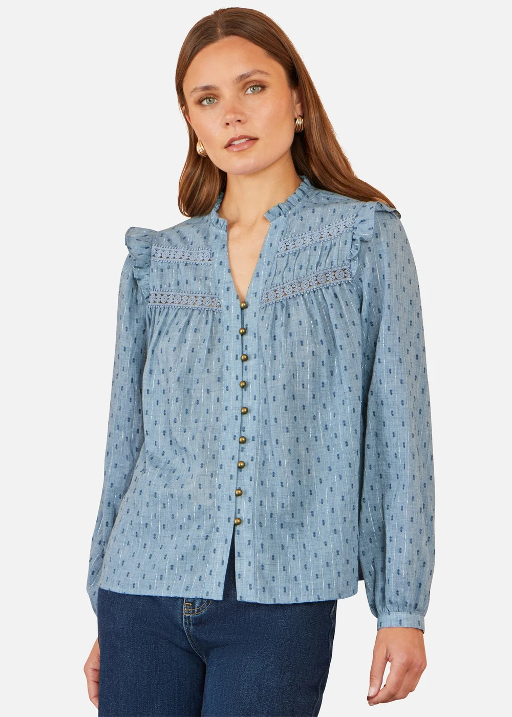 Yumi Blue Cotton Lace Detail Shirt - 16 Image 1
