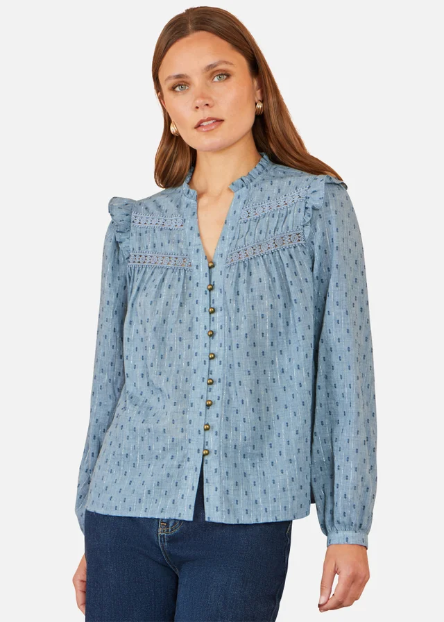 Yumi Blue Cotton Lace Detail Shirt