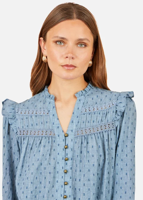 Yumi Blue Cotton Lace Detail Shirt - 16 Image 3