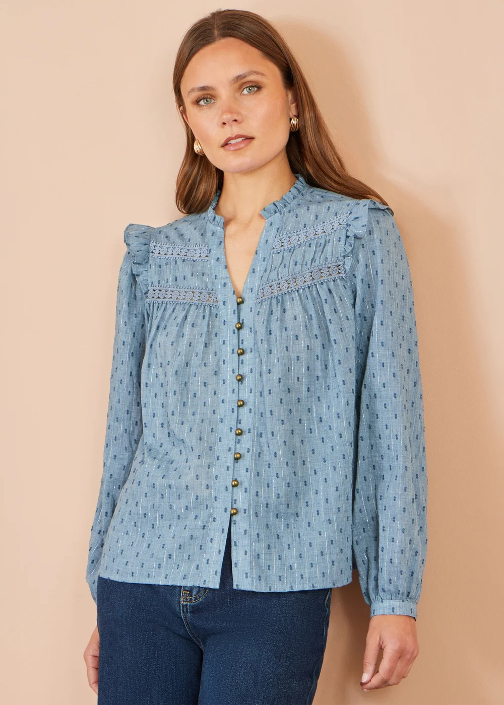 Yumi Blue Cotton Lace Detail Shirt - 16 Image 1