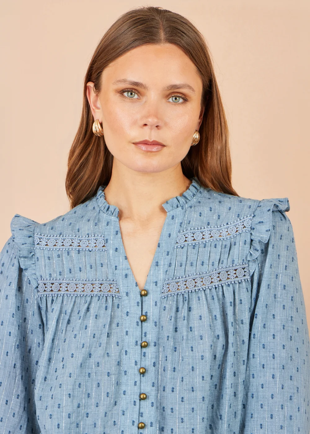 Yumi Blue Cotton Lace Detail Shirt - 16 Image 3