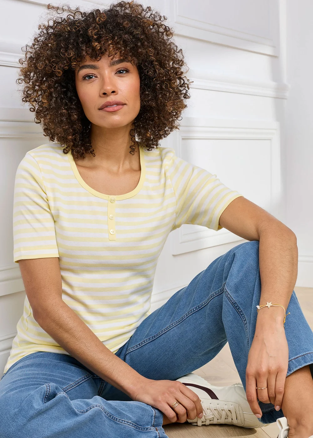 Cotton Traders Pale Yellow Wrinkle Free Stripe Button Neck Top - 20 Image 1