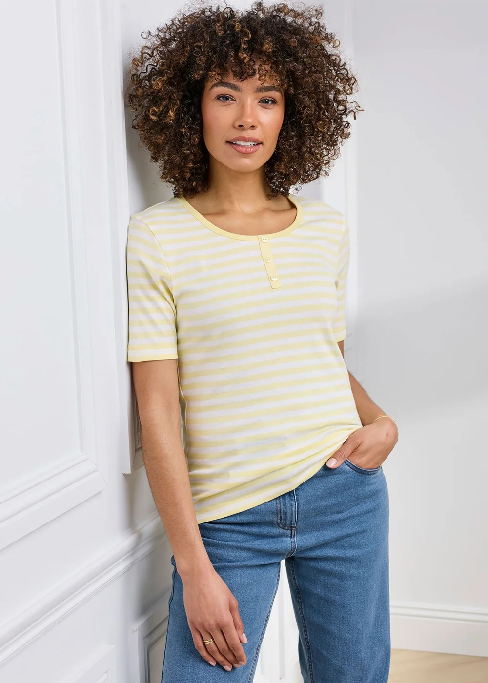 Cotton Traders Pale Yellow Wrinkle Free Stripe Button Neck Top - 20 Image 2
