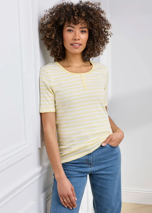 Cotton Traders Pale Yellow Wrinkle Free Stripe Button Neck Top - 20 Image 2
