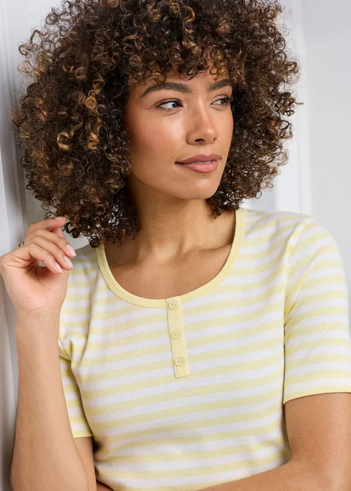 Cotton Traders Pale Yellow Wrinkle Free Stripe Button Neck Top - 20 Image 4