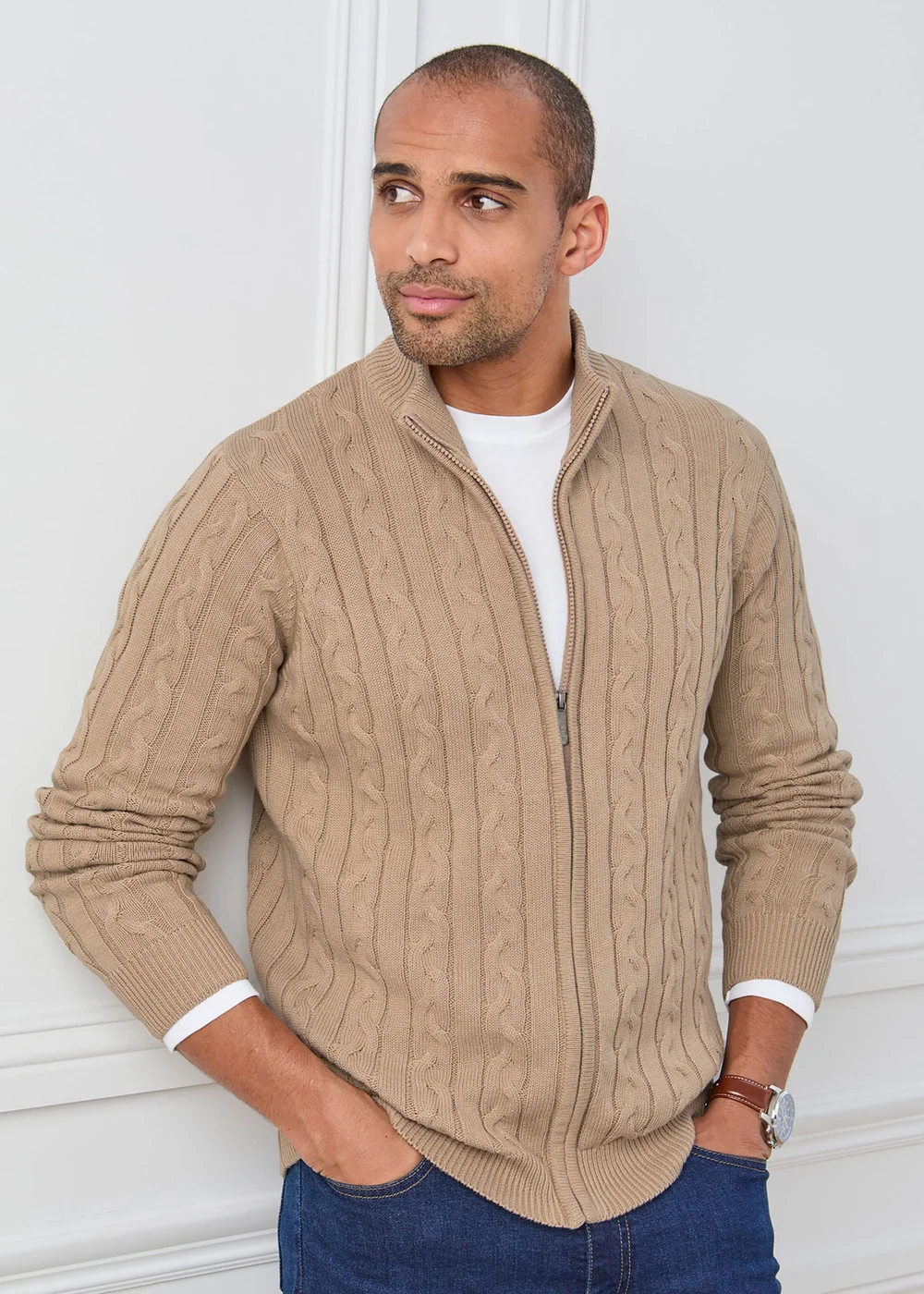 Cotton Traders Warm Beige Cotton Cable Zip Through Cardigan - 3XL Image 4