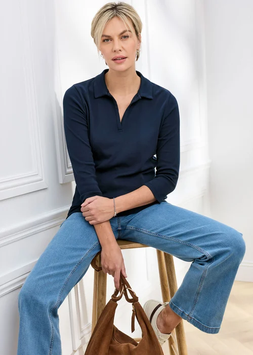 Cotton Traders Navy Wrinkle Free 3/4 Collared Polo Top - 22 Image 1
