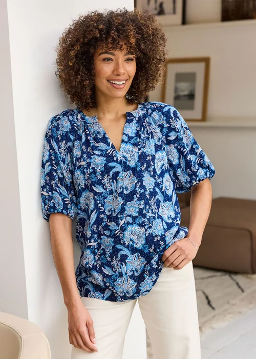 Cotton Traders Marine Printed Short Sleeve Blouse - 16 Image 2