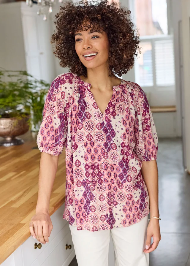 Cotton Traders Ecru Printed Short Sleeve Blouse