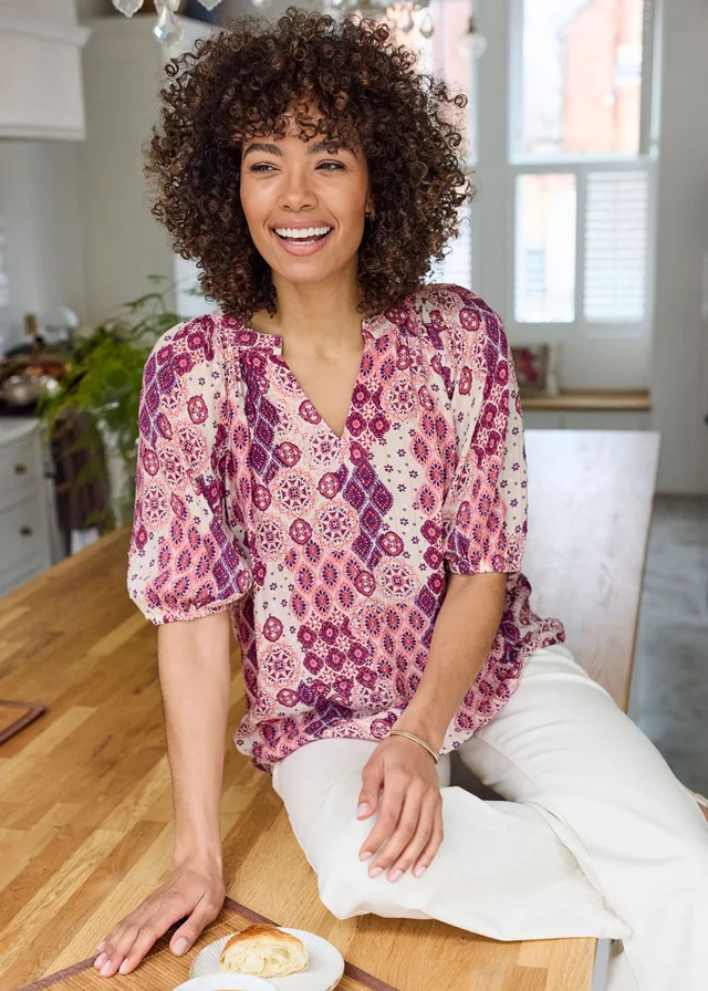 Cotton Traders Ecru Printed Short Sleeve Blouse