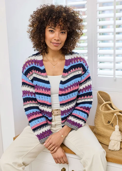 Cotton Traders Cornflower Blue Stripe Crochet Cardigan - 20 Image 1