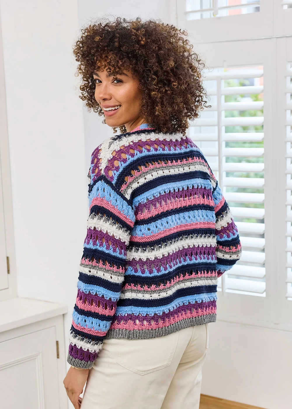 Cotton Traders Cornflower Blue Stripe Crochet Cardigan - 20 Image 3
