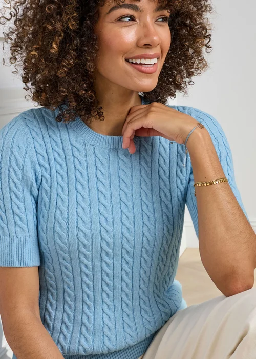 Cotton Traders Pale Sky Short Sleeve Cable Jumper - 24 Image 4
