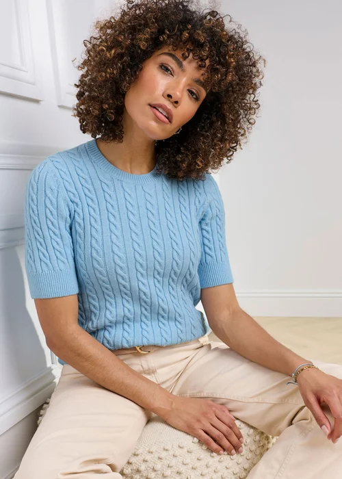 Cotton Traders Pale Sky Short Sleeve Cable Jumper - 24 Image 1