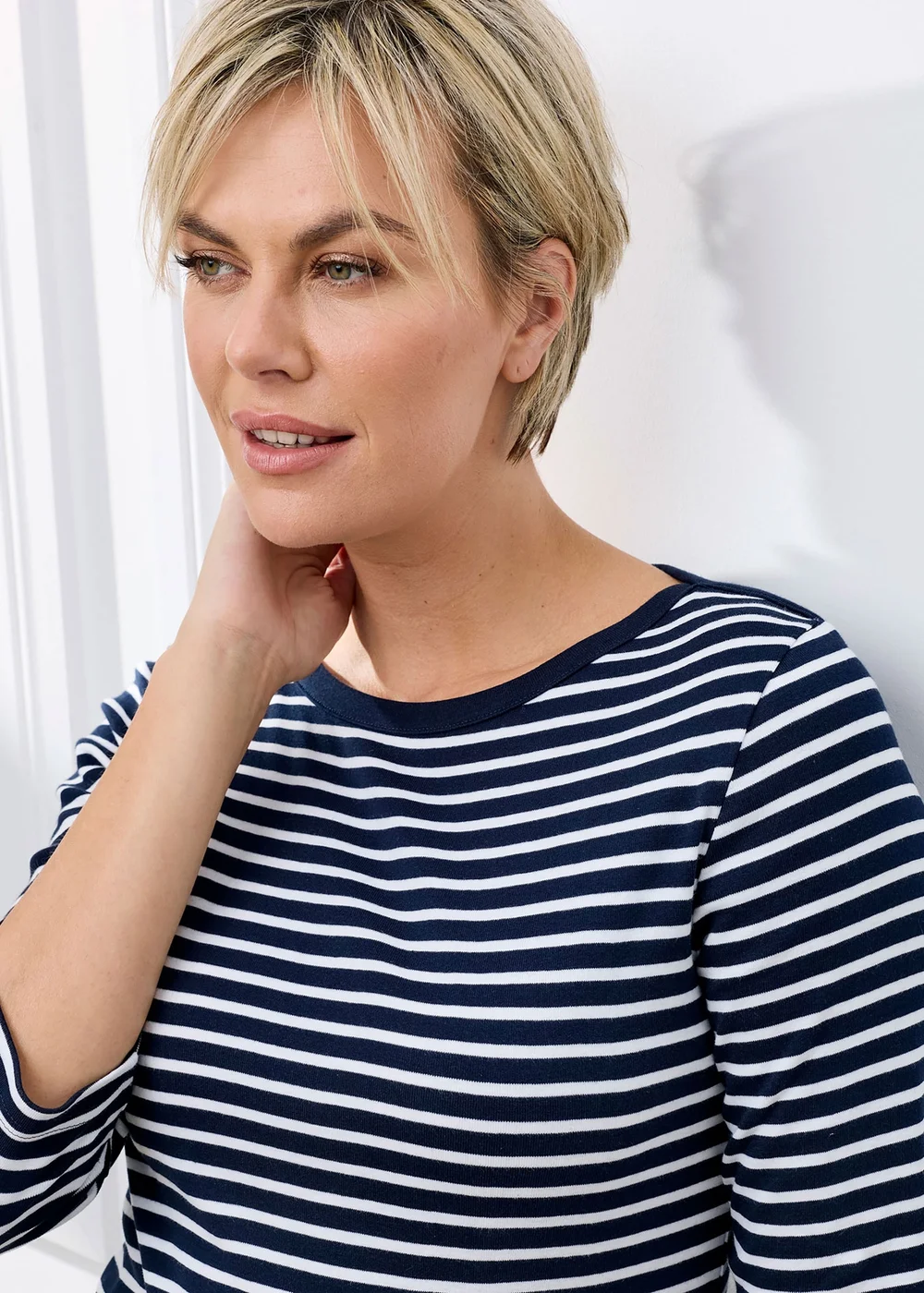Cotton Traders Navy Wrinkle Free 3/4 Sleeve Boat Neck Stripe Top - 10 Image 4