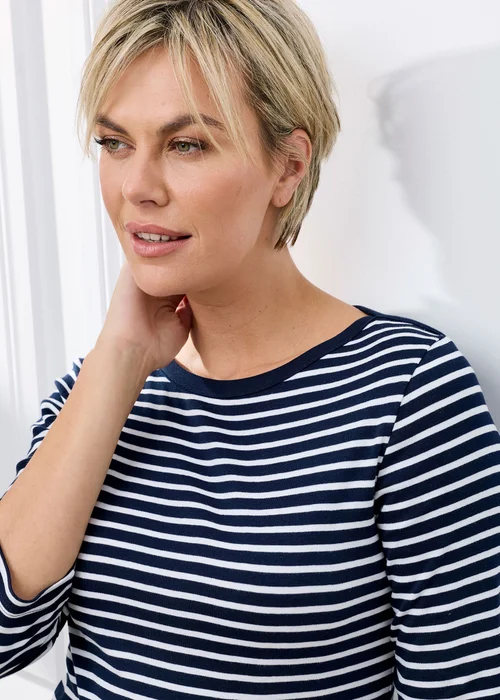 Cotton Traders Navy Wrinkle Free 3/4 Sleeve Boat Neck Stripe Top - 10 Image 4