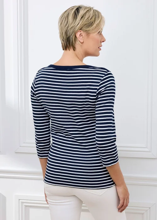 Cotton Traders Navy Wrinkle Free 3/4 Sleeve Boat Neck Stripe Top - 10 Image 3