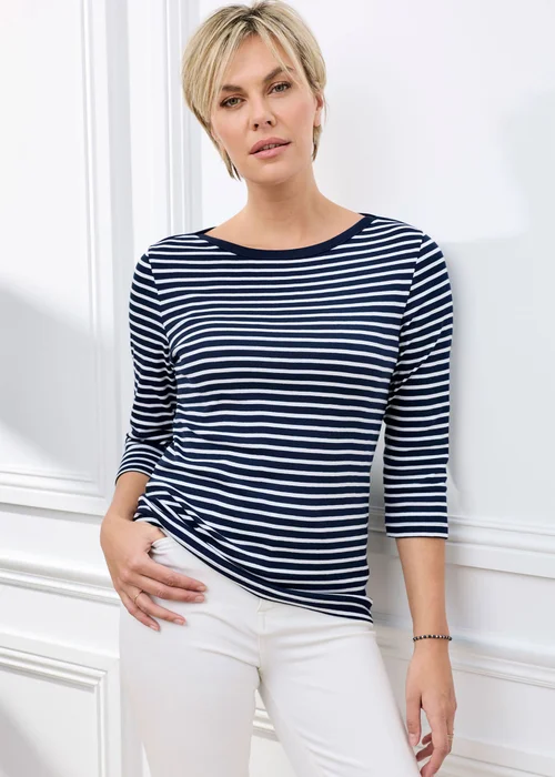 Cotton Traders Navy Wrinkle Free 3/4 Sleeve Boat Neck Stripe Top - 10 Image 1