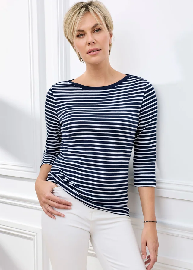 Cotton Traders Navy Wrinkle Free 3/4 Sleeve Boat Neck Stripe Top