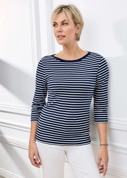 Cotton Traders Navy Wrinkle Free 3/4 Sleeve Boat Neck Stripe Top - 10 Image 2