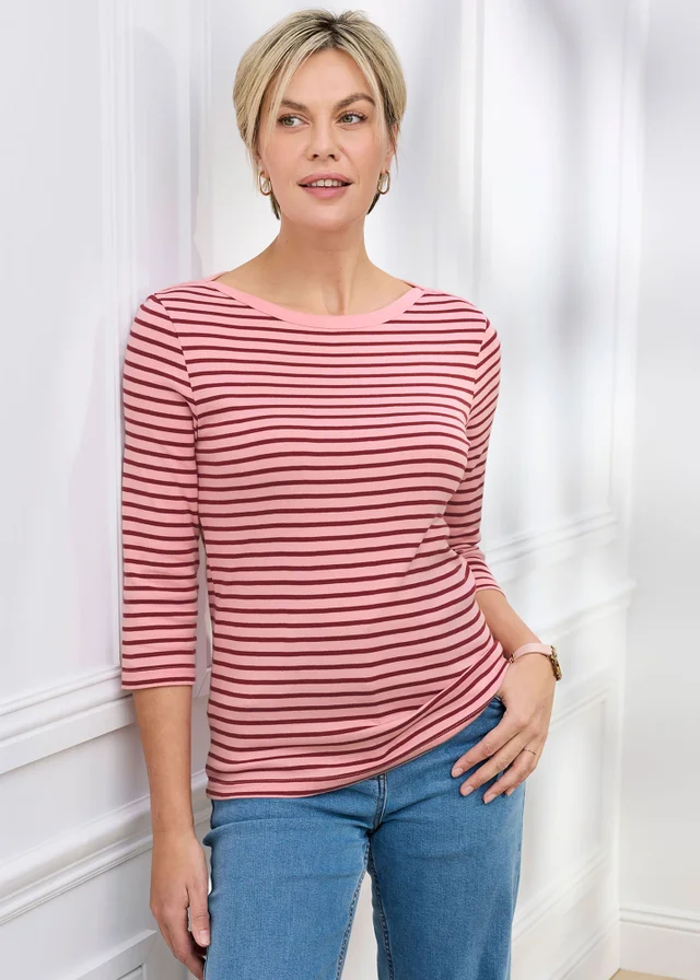 Cotton Traders Rose Wrinkle Free 3/4 Sleeve Boat Neck Stripe Top