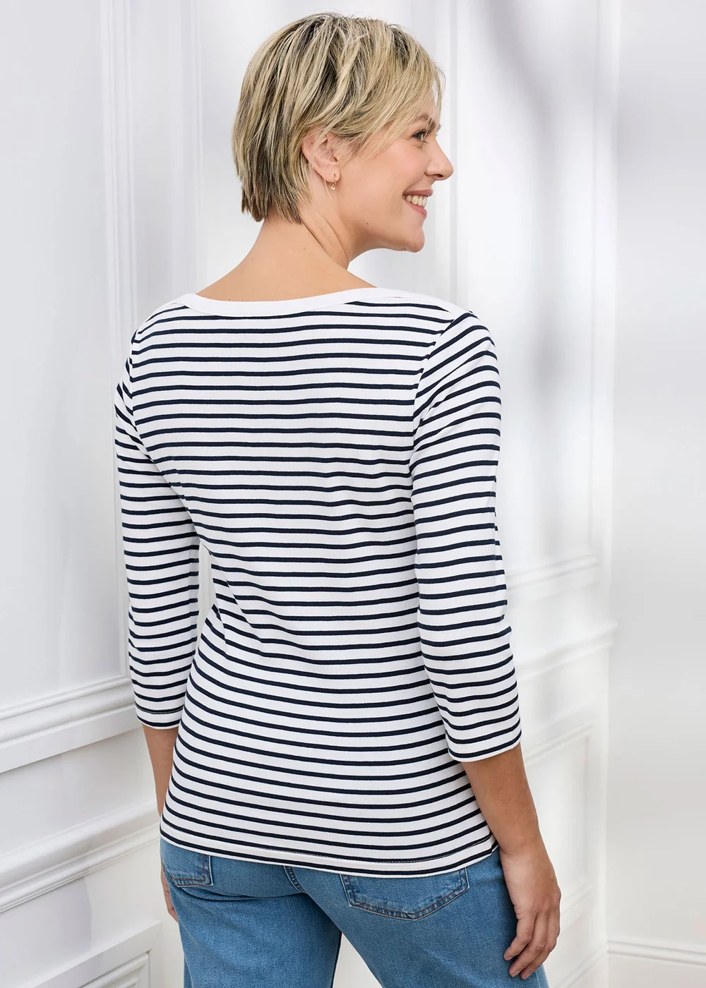 Cotton Traders Ivory Wrinkle Free 3/4 Sleeve Boat Neck Stripe Top - 8 Image 3