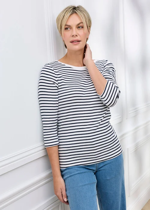 Cotton Traders Ivory Wrinkle Free 3/4 Sleeve Boat Neck Stripe Top - 8 Image 1