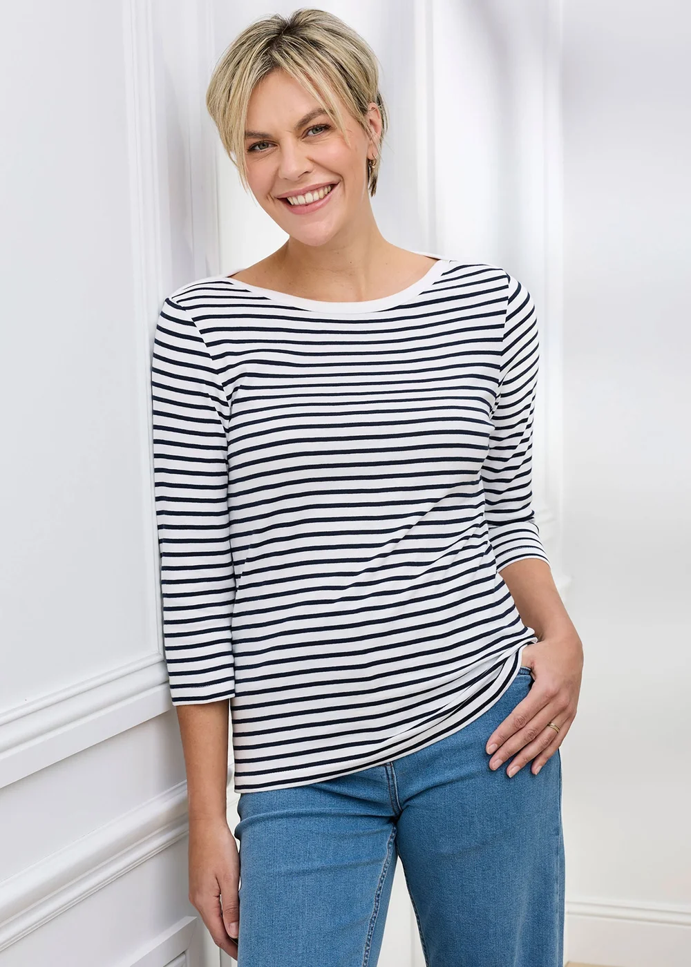 Cotton Traders Ivory Wrinkle Free 3/4 Sleeve Boat Neck Stripe Top - 8 Image 2