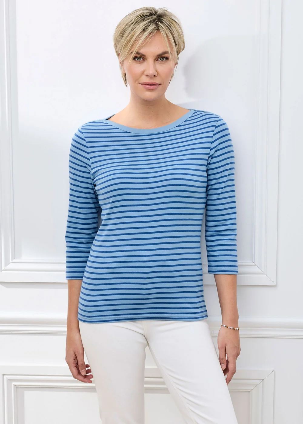 Cotton Traders Cornflower Blue Wrinkle Free 3/4 Sleeve Boat Neck Stripe Top - 18 Image 1