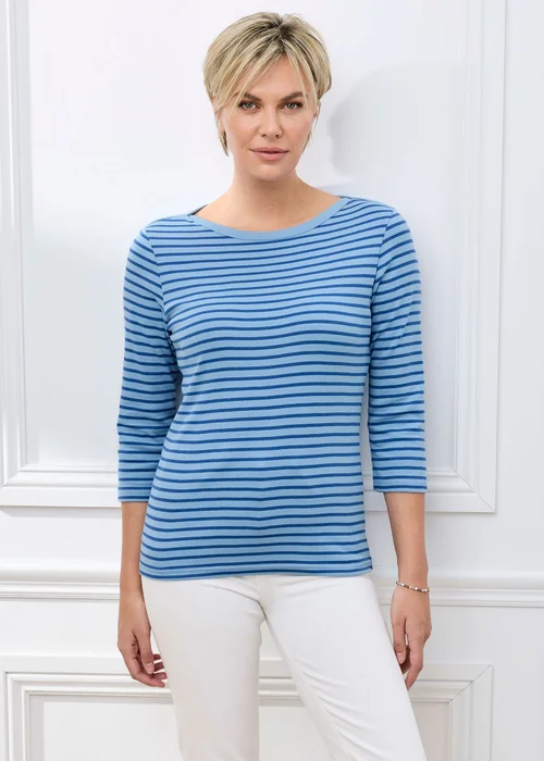 Cotton Traders Cornflower Blue Wrinkle Free 3/4 Sleeve Boat Neck Stripe Top - 18 Image 1