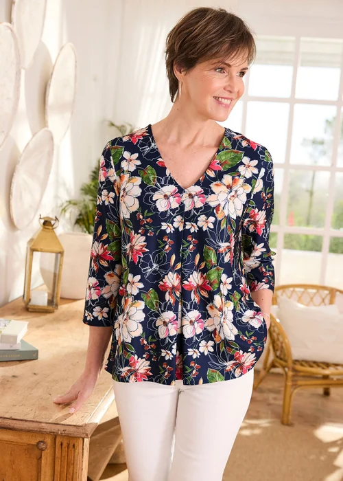 Cotton Traders Navy V Neck 3/4 Sleeve Jersey Top - 12 Image 2