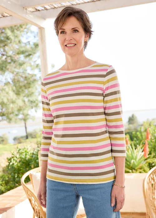 Cotton Traders Ochre 3/4 Sleeve Boat Neck Printed Top - 12 Image 2