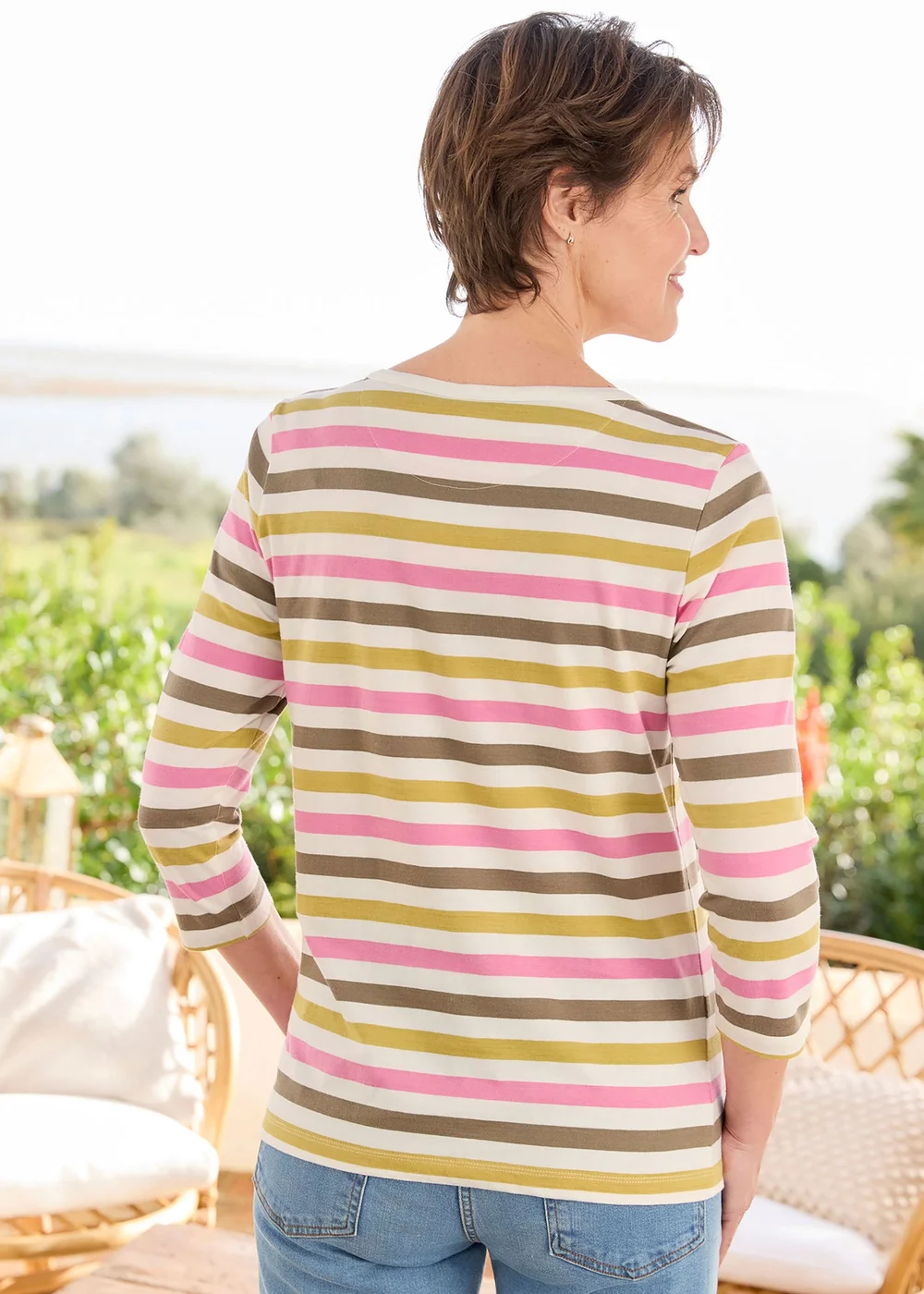 Cotton Traders Ochre 3/4 Sleeve Boat Neck Printed Top - 12 Image 3