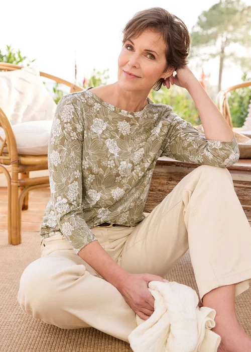 Cotton Traders Olive 3/4 Sleeve Boat Neck Printed Top - 10 Image 1