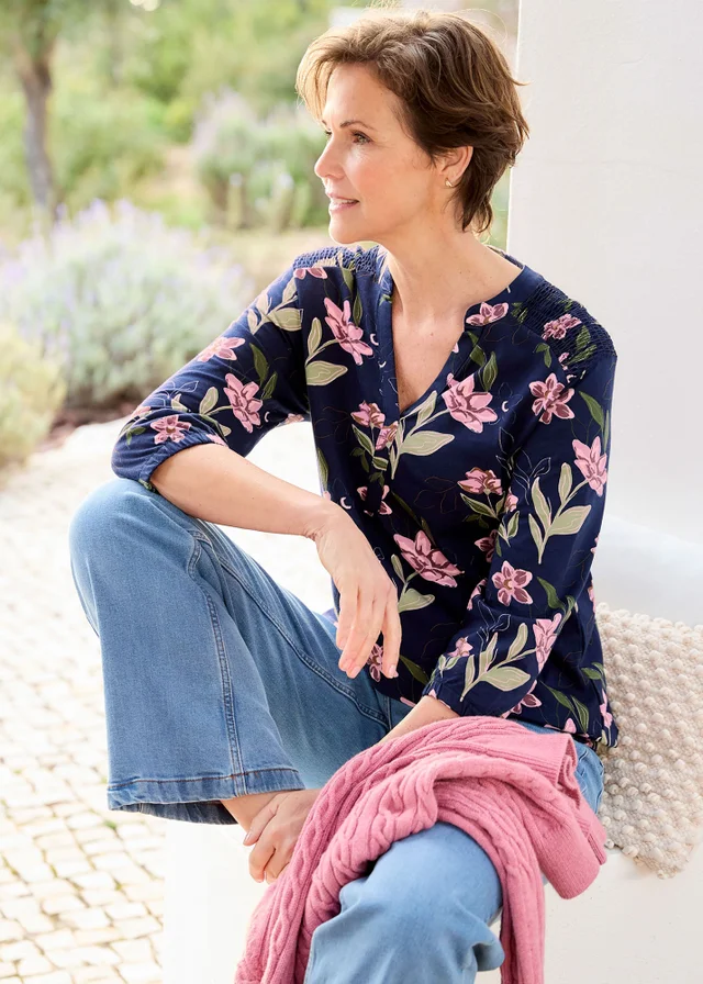 Cotton Traders Navy Cotton Bubble Hem 3/4 Sleeve Printed Top