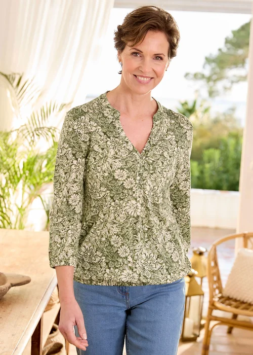 Cotton Traders Soft Khaki Cotton Bubble Hem 3/4 Sleeve Printed Top - 22 Image 2