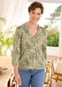 Cotton Traders Soft Khaki Cotton Bubble Hem 3/4 Sleeve Printed Top - 22 Image 2