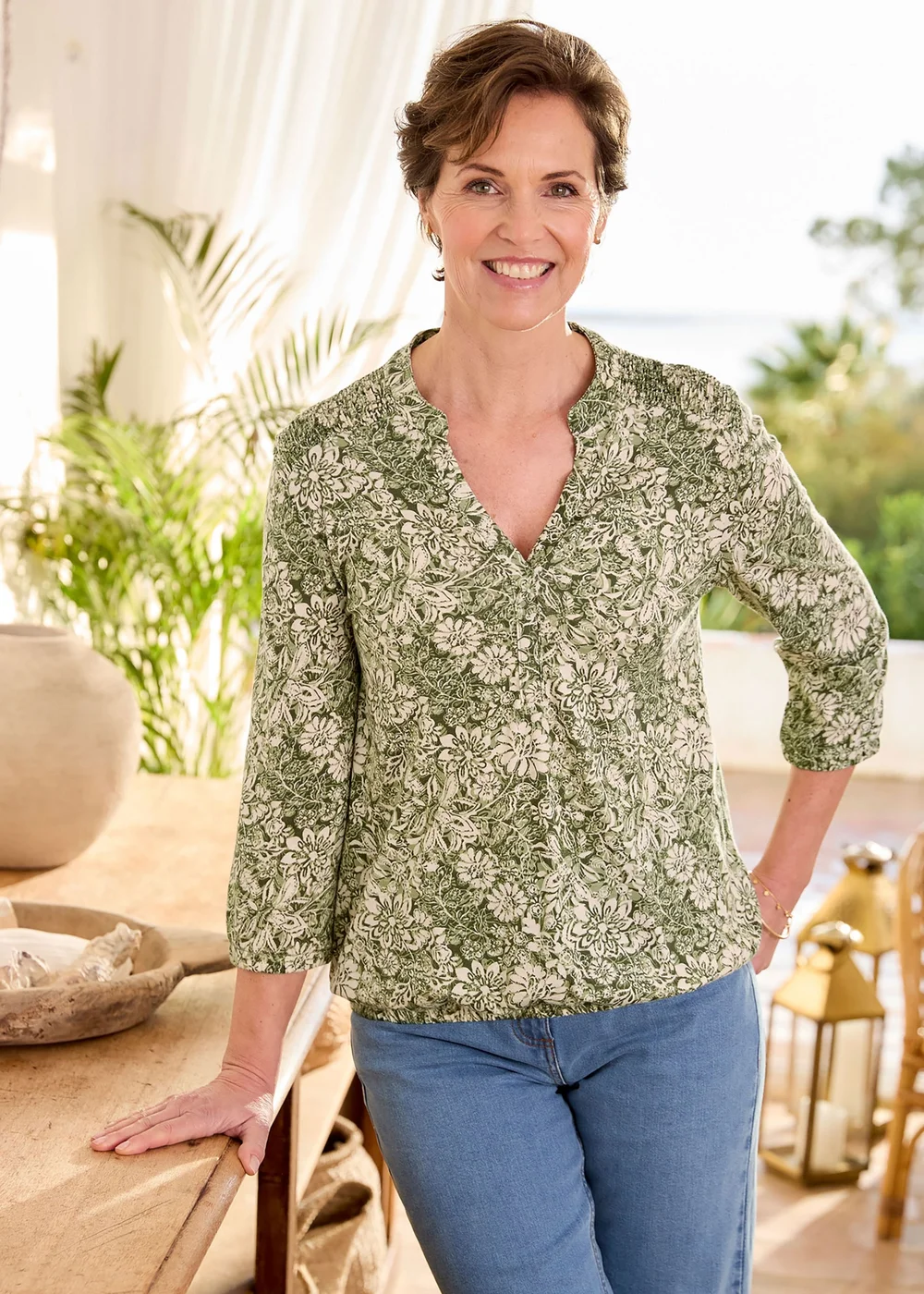 Cotton Traders Soft Khaki Cotton Bubble Hem 3/4 Sleeve Printed Top - 22 Image 1
