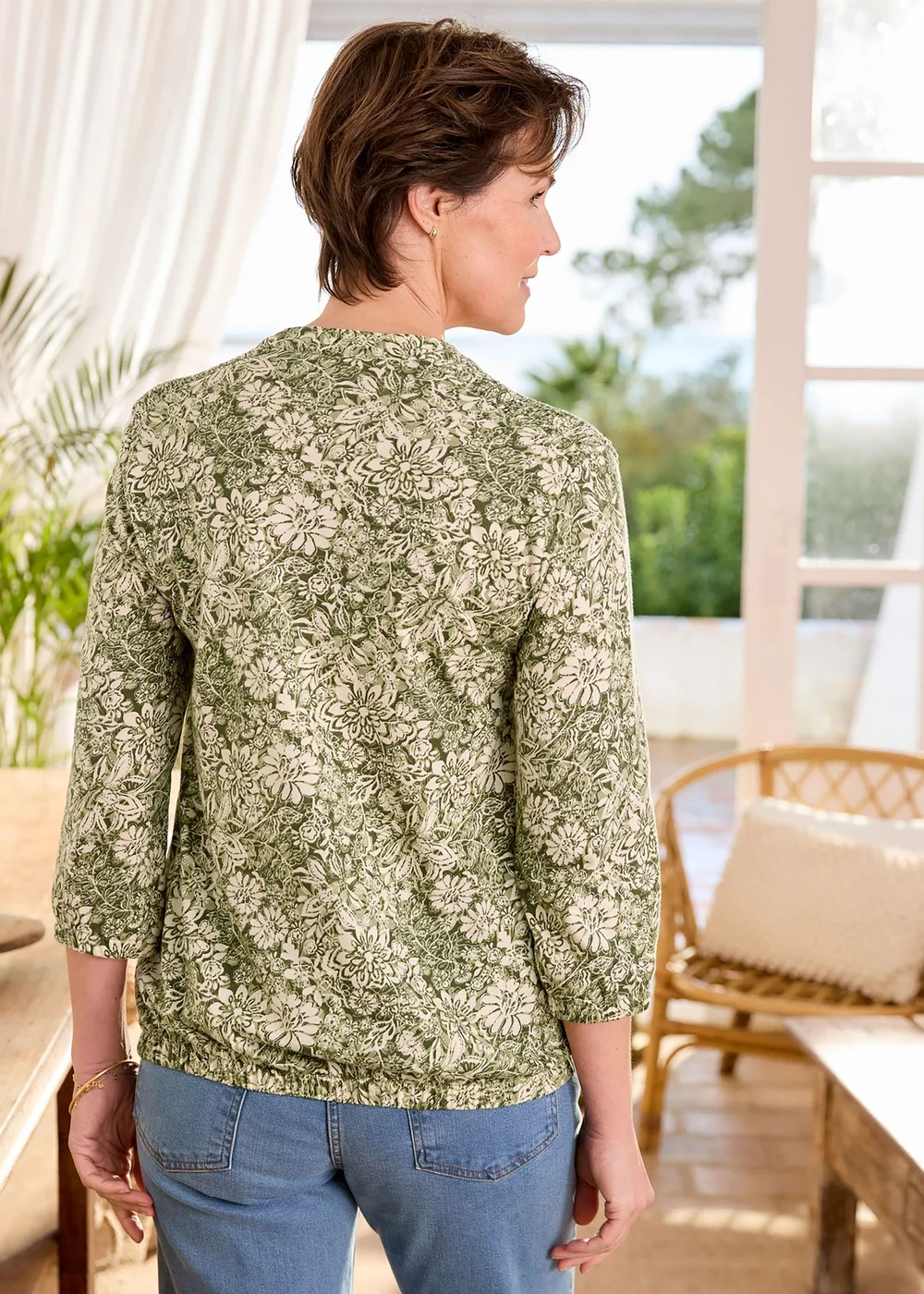 Cotton Traders Soft Khaki Cotton Bubble Hem 3/4 Sleeve Printed Top - 22 Image 3