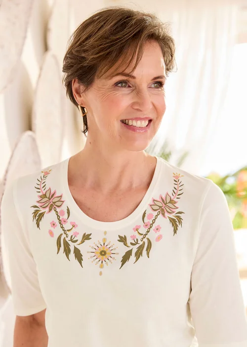 Cotton Traders Ivory 1/2 Sleeve Printed Scoop Neck Top - 24 Image 1