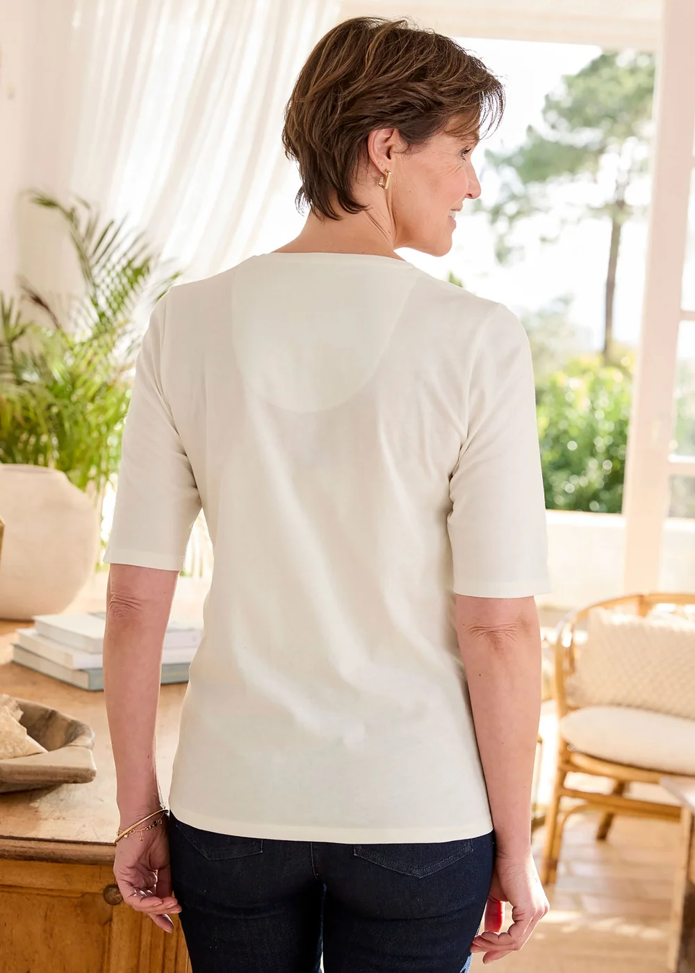 Cotton Traders Ivory 1/2 Sleeve Printed Scoop Neck Top - 24 Image 2