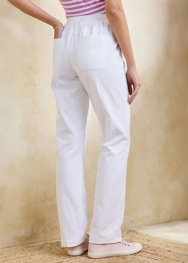 Cotton Traders White Wrinkle Free Pull On Straight Leg Trousers