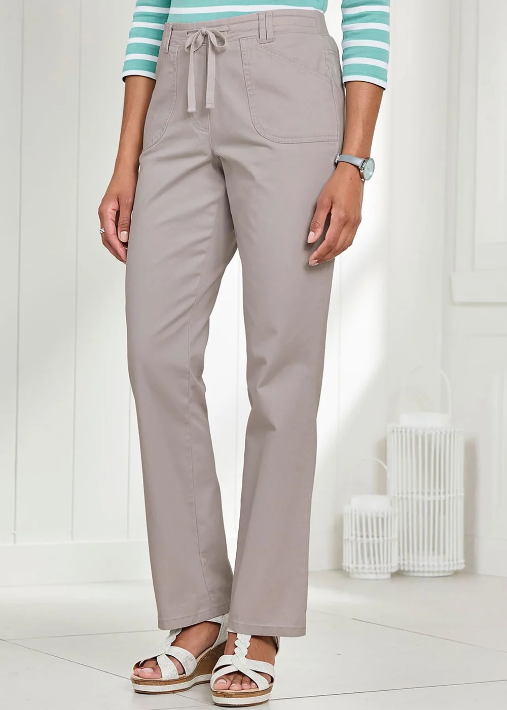 Cotton Traders Dove Grey Wrinkle Free Pull On Straight Leg Trousers - 20/L29 Image 1