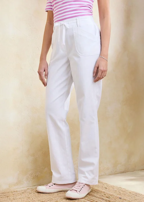 Cotton Traders White Wrinkle Free Pull On Straight Leg Trousers - 14/L27 Image 1