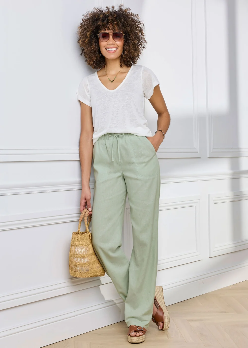 Cotton Traders Pale Mint Linen Blend Relaxed Fit Trousers - 24/L29 Image 1