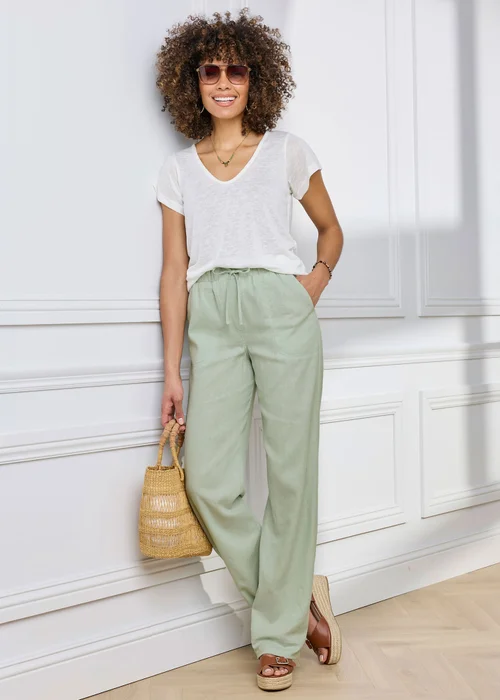 Cotton Traders Pale Mint Linen Blend Relaxed Fit Trousers - 24/L29 Image 1