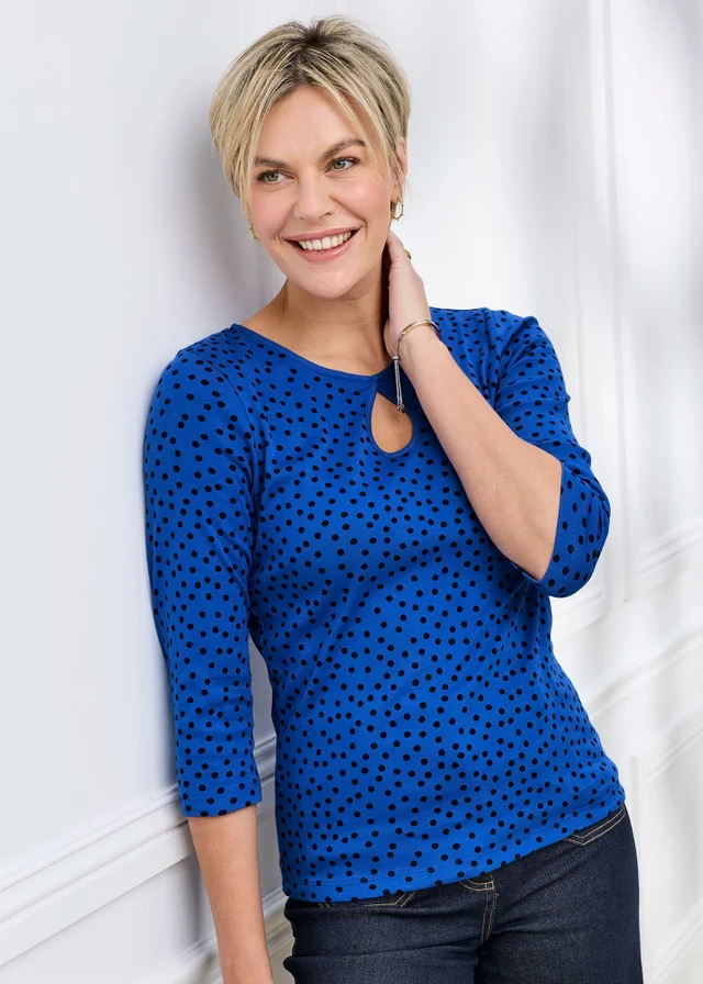 Cotton Traders Cobalt Wrinkle Free 3/4 Sleeve Keyhole Printed Top