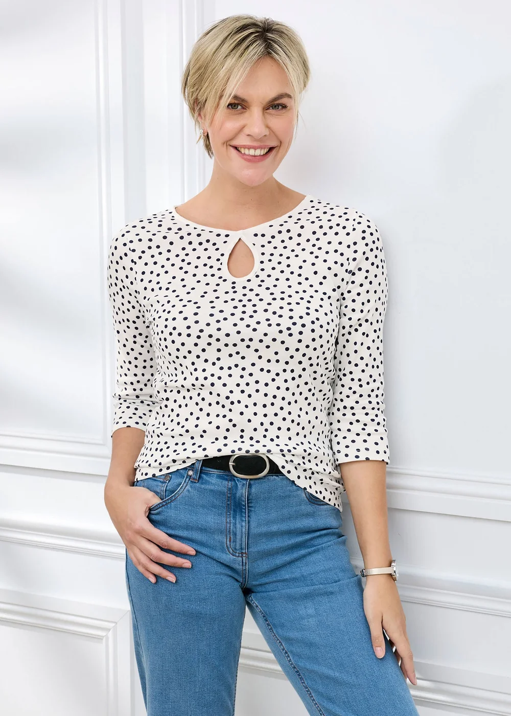 Cotton Traders Ivory Wrinkle Free 3/4 Sleeve Keyhole Printed Top - 8 Image 1