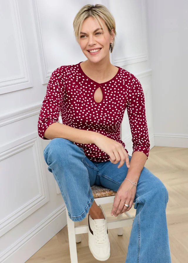 Cotton Traders Ruby Wrinkle Free 3/4 Sleeve Keyhole Printed Top